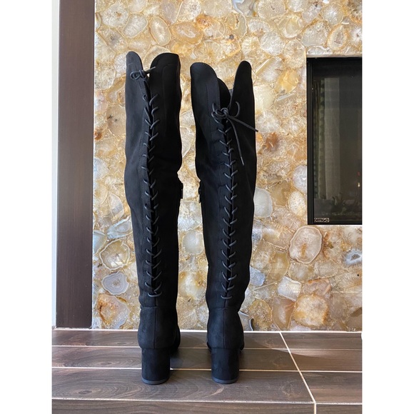 Back Lace Up Mid Faux suede Block Heel Over The Knee Thigh High Boot round toe - Picture 11 of 16